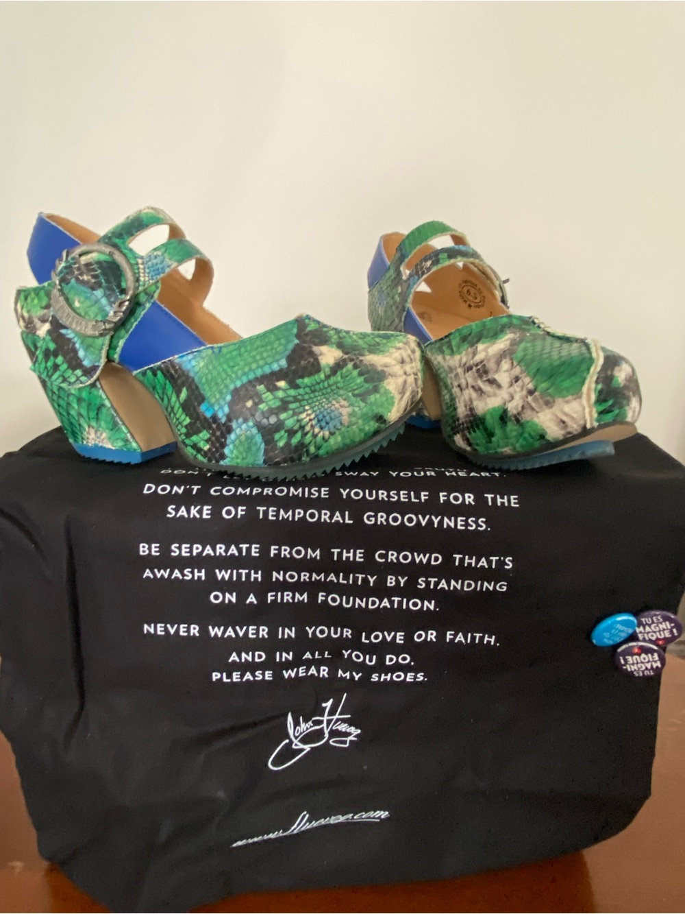John Fluevog -Snakeskin Platform Clogs with Ankle Strap (Green and Blue)